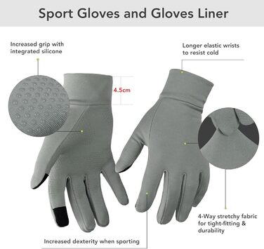 Рукавички Unigear з сенсорним екраном для чоловіків та жінок, спортивні рукавички, утеплені, вітронепроникні, антиковзаючі, для активного відпочинку, їзди, велосипеда, походів (Сірий, L)
