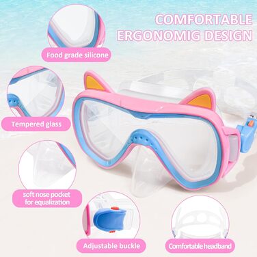 Дитяча маска для снорклінгу та плавання, 4-16 років, комплект, панорама 180°, сухий сноркель, рожева