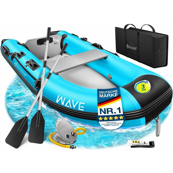 Надувний човен KESSER Wave 230-320 см (6 елементів): човен, лавка, насос, весла, ремкомплект, сумка. Можливість встановлення мотора, для солоної води.