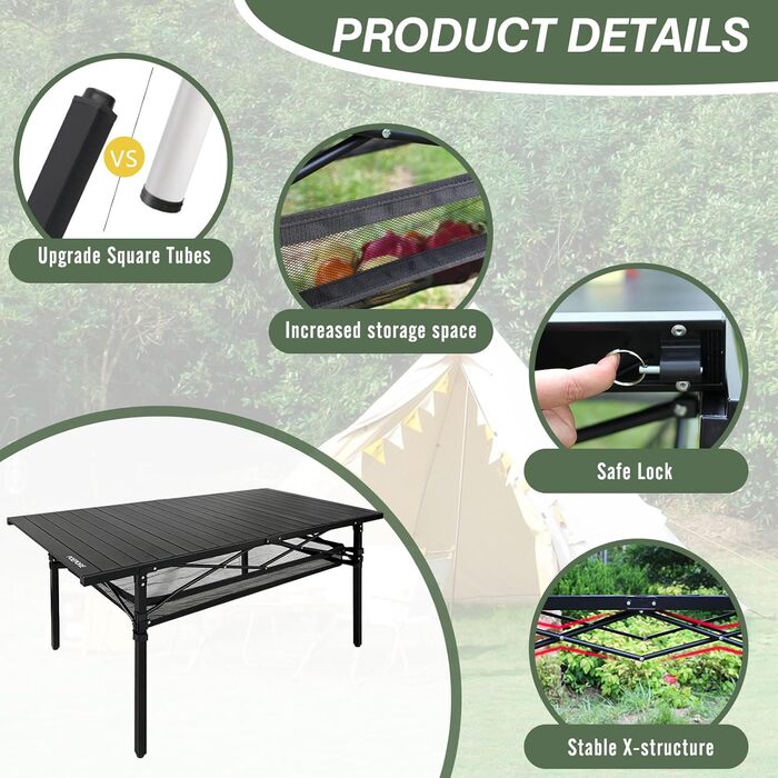 Розкладний туристичний стіл Poeopore для кемпінгу, 140x70x70 см, чорний, на 4-6 осіб