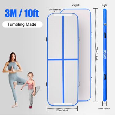 Надувна гімнастична матка (килимок) для дому, вулиці, фітнесу, йоги, тренувань, челедингу та водного спорту, 10 см заввишки, з антиковзким покриттям, 3м/4м/5м