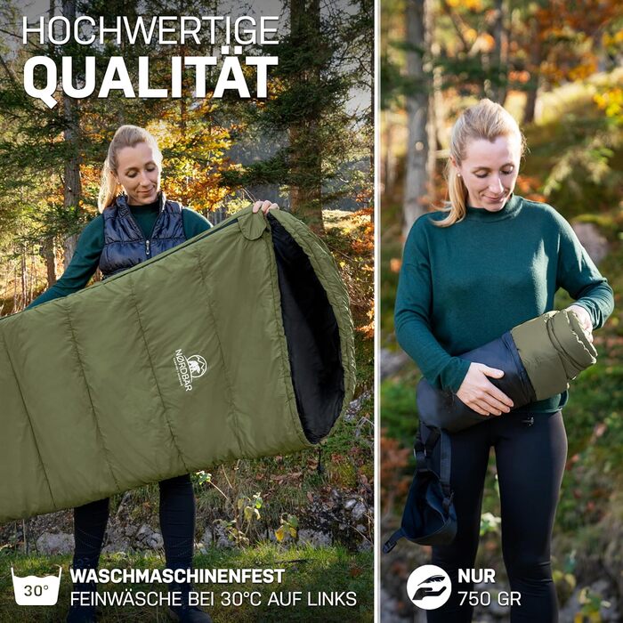 Сплячий мішок NORDBÄR® 3 сезони / літо, ультралегкий [750г/1500г] | Спальний мішок-кокон | компактний | для кемпінгу, подорожей, гірських хат | літній, оливковий - 750г