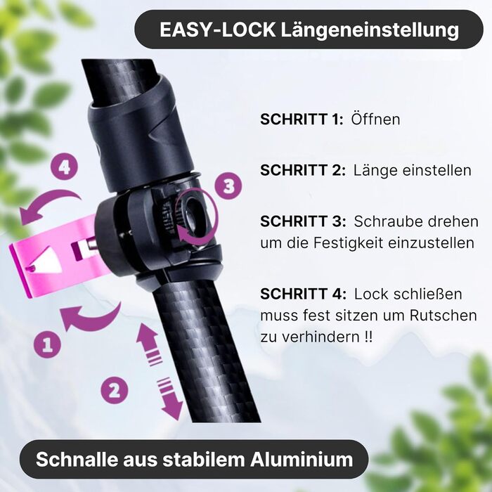 Телескопічні трекінгові палиці з карбону та алюмінію для скандинавської ходьби, регульовані (65–135 см), ергономічні, рожеві