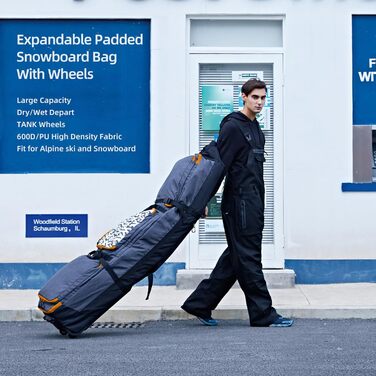 Сумка для сноуборду XCMAN з підкладкою та колесами, розширювана сумка-тележка для перевезення літаком, регульована довжина, водонепроникна, з захисними ребрами (Помаранчевий)