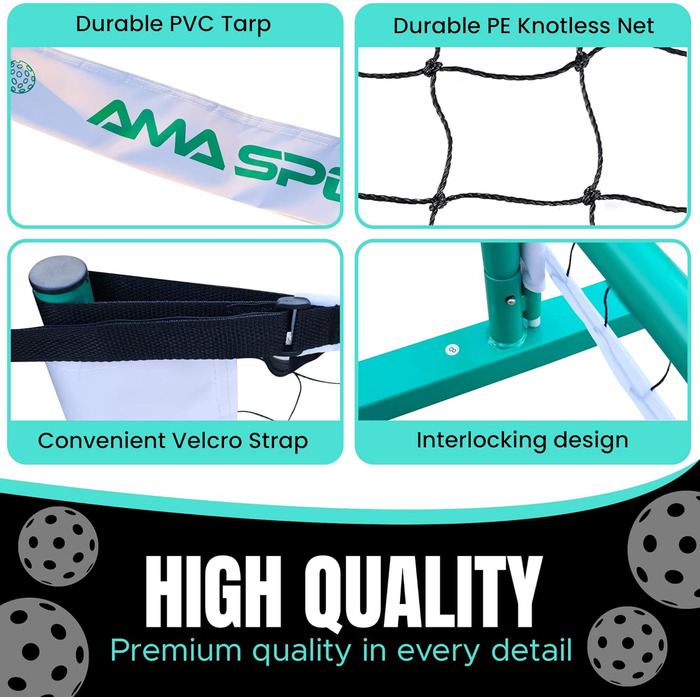 AMA Sport М'яка сітка для піклболу, портативна, регульованого розміру, 6.7 м, для залу та вулиці, стійка до погодних умов, сталеві стійки з порошковим покриттям, сумка 600D, зелена