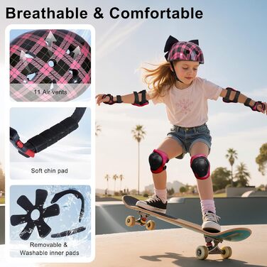 Дитячий шолом Kinder для дівчаток 8-14 років з повним захистом (шолом, наколінники, налокітники), чорно-рожевий, розмір M (52-58 см)