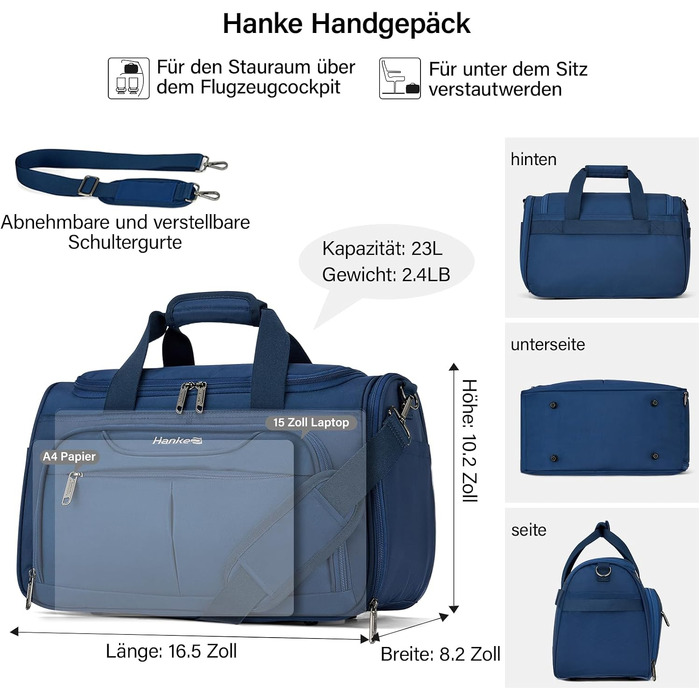 Складана дорожня сумка Hanke 36.5L водонепроникна сумка для подорожей, спортивна сумка для залу та ручної поклажі для жінок та чоловіків, синя (42x21x26см)