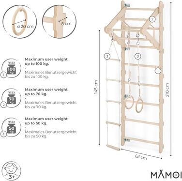Дитячий спортивний комплекс MAMOI для дому: шведська стінка, кільця, турнік, ігровий куточок для кімнати, для дітей від 3 років, натуральне дерево