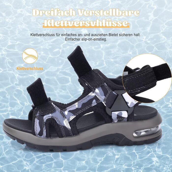 Чоловічі шкіряні сандалі Visionreast для пляжу, трекінгу та спорту. Закриті сандалі на липучках, чорні, 38 EU