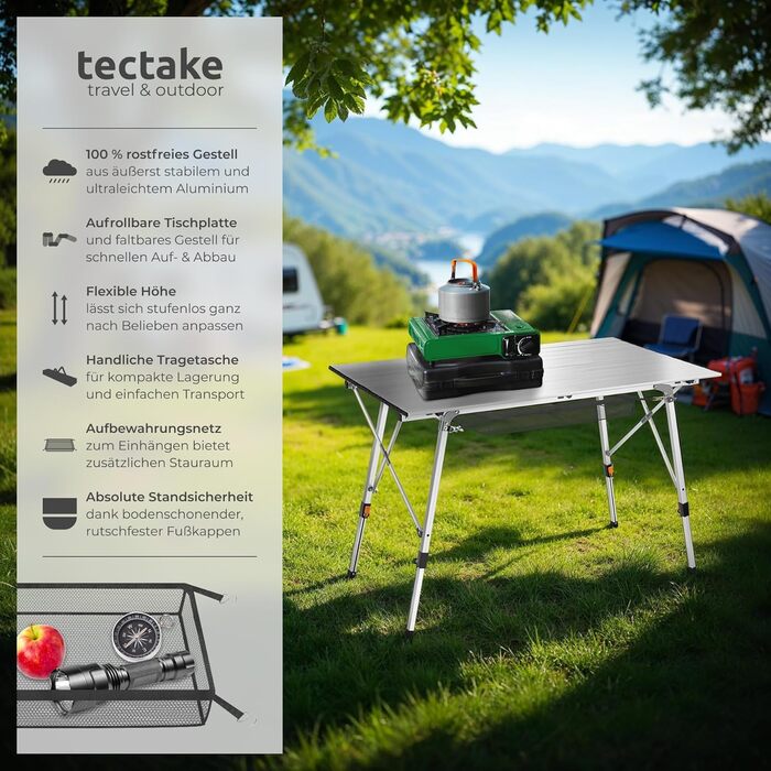 Стіл для кемпінгу Tectake®: розкладний, алюміній, велика стільниця 120x70.5 см, регульована висота, водостійкий, з сумкою
