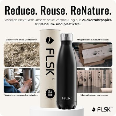 Термобутилка FLSK Next Gen Essentials з нержавіючої сталі 500 мл, чорна – міцна, підходить для газованих напоїв, можна мити в посудомийці, екологічна упаковка