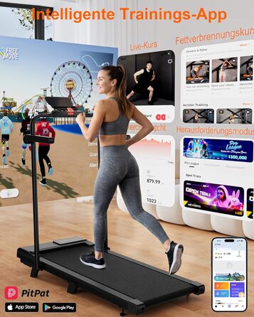 Складана бігова доріжка MJWW Raceable Walking Pad з нахилом 6-9%, 3.0 HP, керування через додаток, AI-тренування, LED-дисплей, для дому та офісу (Чорна, 95 см)