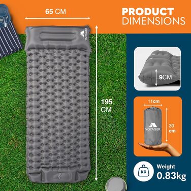 Самонадувний килимок для кемпінгу Voyager Single Ultraleicht (40D Nylon + TPU), сірий, для туризму, піших прогулянок, рюкзаків
