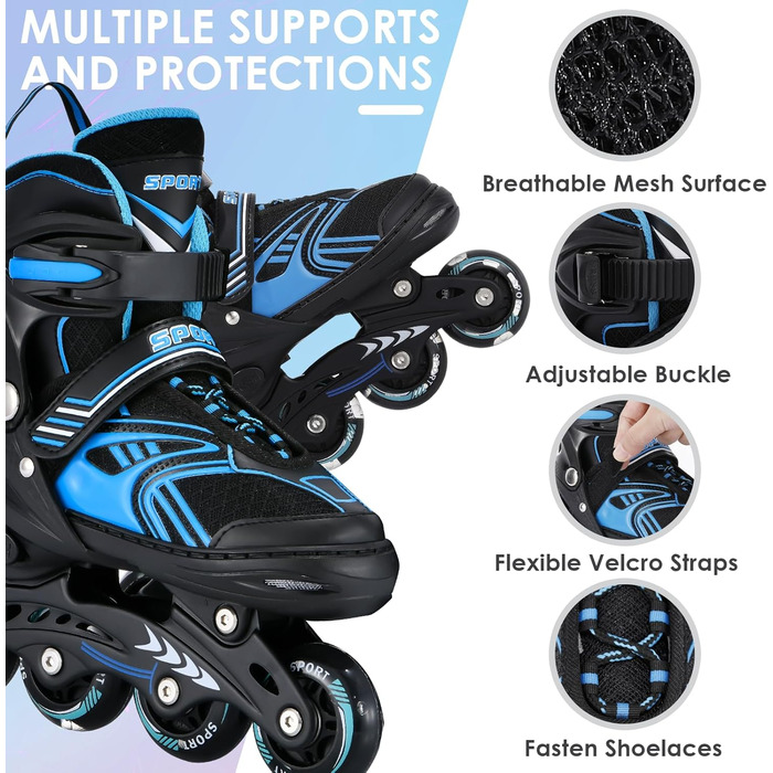 Інлайнерожі TOMSHOO з LED-колесами, регульовані, для дітей та дорослих, блакитні