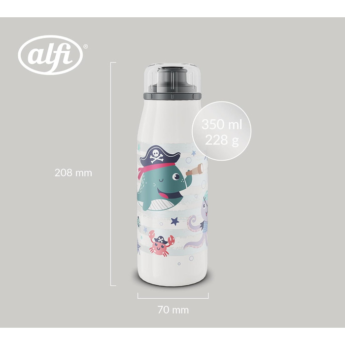 Дитяча ізотермічна пляшка alfi KIDS ISO 350 мл, пірати, нержавіюча сталь, термос для напоїв, герметична кришка, тримає тепло 12 годин, холод 24 години, для газованої води, BPA-free