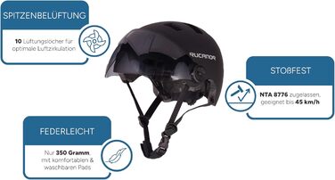 Велошолом Rucanor Sprint, регульований, легкий, чорний, розмір M/L, сертифікати EN 1078 та NTA 8776, для велосипеда, електросамоката, спід-педелеку