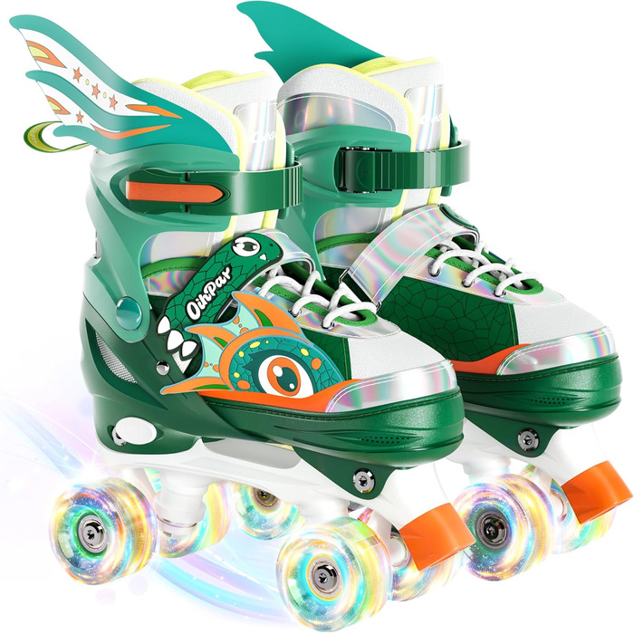 Дитячі ролики Quad Roller Skates з підсвічуванням коліс, регульовані по розміру, зелені (32-35)