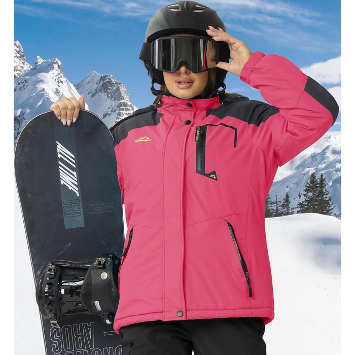 Зимова куртка KEFITEVD Daen з підкладкою з флісу, тепла перехідна куртка-скі-куртка з капюшоном та кишенями на блискавці, вітронепроникна, для сноуборду (S, Рожево-червоний)