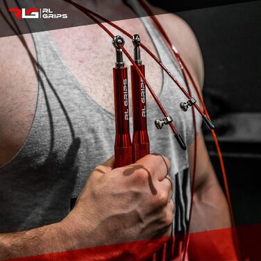 RL Grips® Скакалка для кросфіту з алюмінієвою ручкою - Скакалка з тросом 2 мм - Для кардіотренувань, фітнесу та занять у залі (Червона (Скакалка + запасні частини))