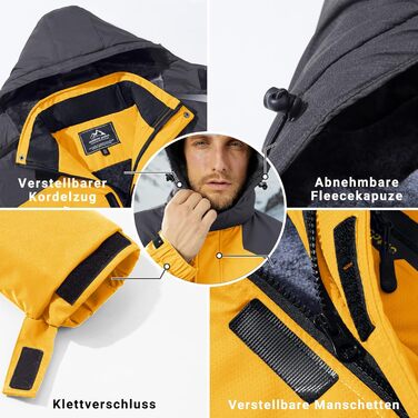 Чоловіча зимова куртка KEFITEVD: водонепроникна, дихаюча, з капюшоном, для сноуборду та активного відпочинку (XL, сіро-жовтий)