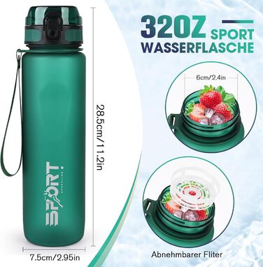 Спортивна пляшка для води 1л, витокозахисна, без BPA, з мірною шкалою, смарагдово-зелена