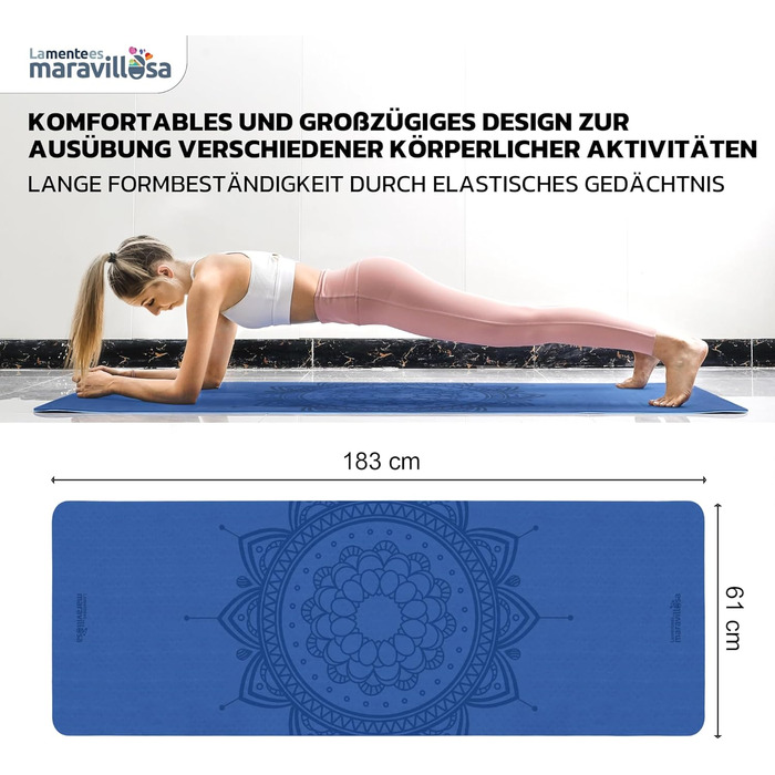 Килимок для гімнастики та йоги LA MENTE ES MARAVILLOSA з неслизькою поверхнею, сумкою та електронною книгою для занять фітнесом, пілатесом та воркаутом. Розмір 183x61 см, колір: блакитний мандала + блакитний