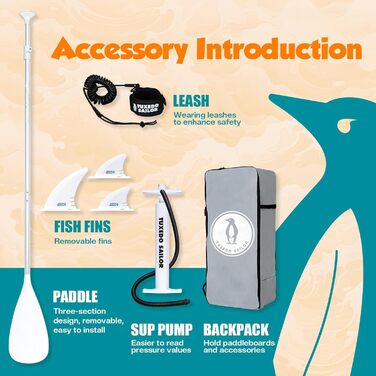 Надувний SUP борд Tuxedo Sailor Stand Up Paddle Board з аксесуарами, для дорослих та підлітків, блакитний та жовтий (зелений та помаранчевий)