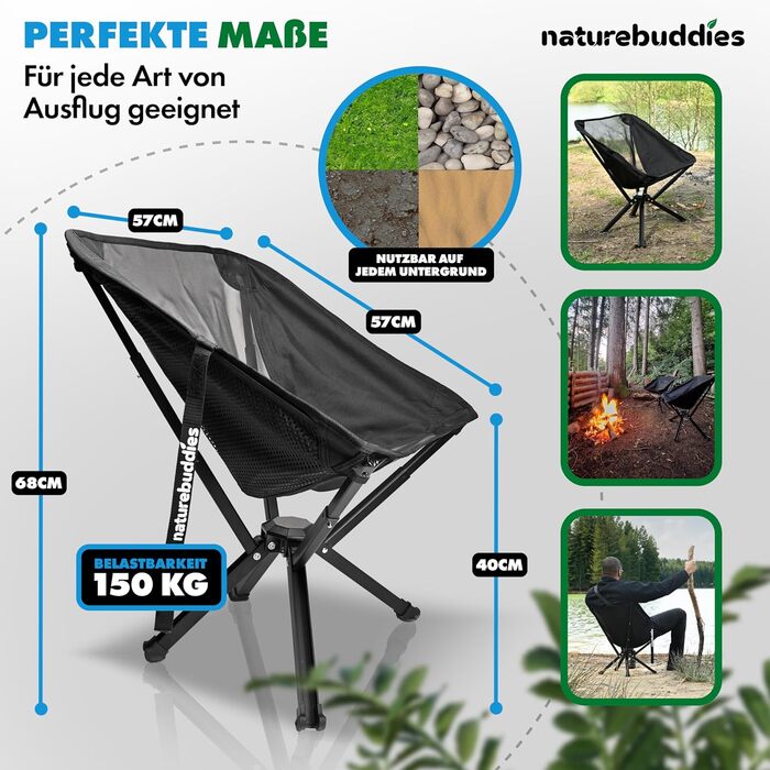 Крісло для кемпінгу Nature Buddies® Faltbar: Легке, компактне, розкладне, до 150 кг | Стільці для риболовлі, відпочинку на природі, фестивалів, туризму | Чорний
