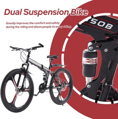 Складаний гірський велосипед MTB 26 дюймів, 21 швидкість Shimano, двоподівесна система, легка рама, спортивний велосипед для дорослих, чорно-червоний