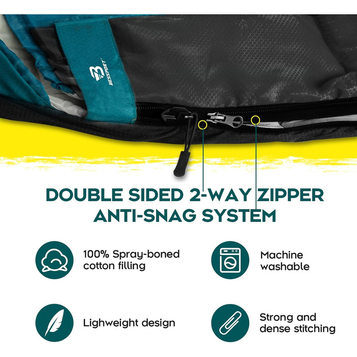 Спальний мішок Bessport Flannel для кемпінгу 3-4 сезони - 10°C-20°C | Зимовий, легкий, водонепроникний та теплий спальний мішок для дорослих та дітей, для подорожей з рюкзаком, кемпінгу, походів та подорожей. Фланелевий, блакитно-зелений (-5°C) (Поліестер