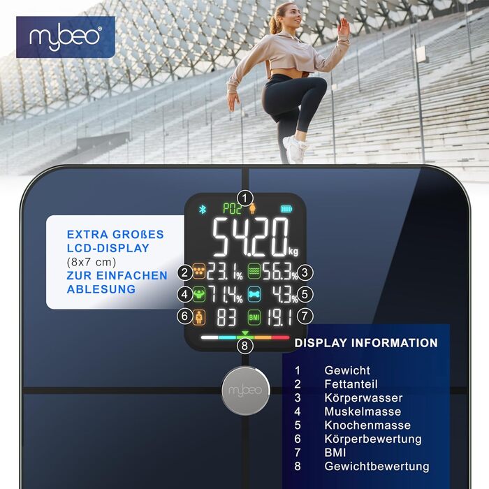 Вага Mybeo для тіла з аналізом складу тіла та Bluetooth - цифрова вага для тіла з дисплеєм, скануванням Full Body, до 180 кг, загартоване скло