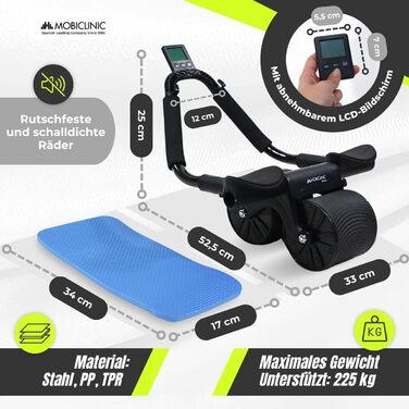 Тренажер Mobiclinic для пресу Ra-02: ролик із зворотною пружиною, подвійне колесо, упори для ліктів, цифровий таймер, нековзкий килимок, тримач для телефону, для домашнього фітнесу