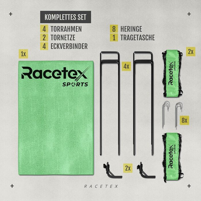 Дитячий набір з 2 футбольних воріт Racetex з посиленою склопластиковою рамою, неоново-зелені, для саду чи парку, з сумкою для транспортування