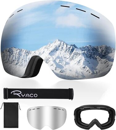 Снігові окуляри Ryaco для сноуборду та лиж, 100% UV-захист, антитуманне покриття, OTG, сферичні, для носіння з окулярами, ударостійкі, срібні