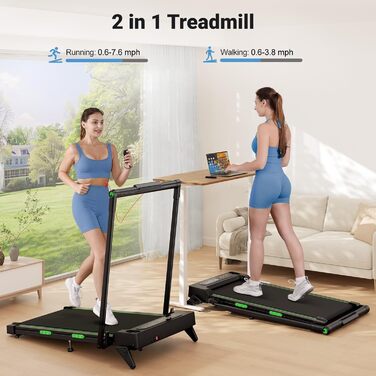 Біговий тренажер THERUN для дому, складний, з нахилом, 3 в 1 Walking Pad з 3 рівнями нахилу, 2.5PS, біговий стіл, подвійне покриття для захисту колін, темно-зелений (Турквіс)