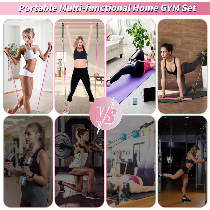 Набір еспандерів Goocrun з Pilates-палицею та стрічками опору (20, 30, 40 lbs) для фітнесу та корекції постави, Gradient Pink