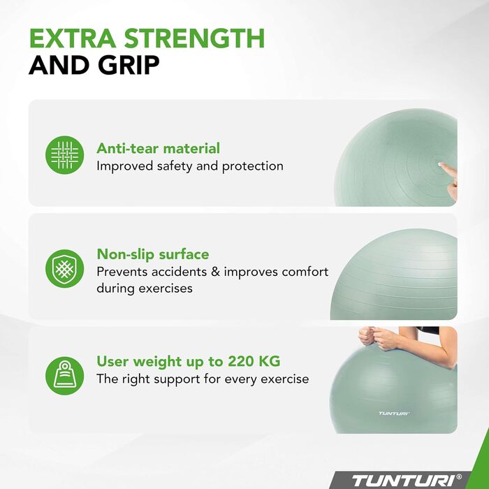 Фітнес-м'яч Tunturi Anti-Burst з насосом, 65 см – для йоги, пілатесу, вагітності. Макс. вага 220 кг, додаток для тренувань. Червоний (55 см, м'ятний)
