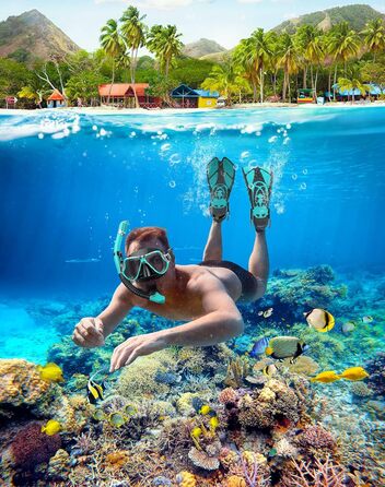 Набір для снорклінгу Zenoplige для дорослих: маска, трубка та ласти. Чорний з зеленим (2023) S/M