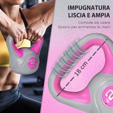 Гиря SPORTNOW 2 кг PU з піском, плоске дно, зручна ручка, для фітнесу, розтяжок, присідань та підйомів, рожева, 18x10x20 см