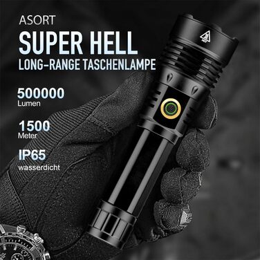 Тактичний ліхтарик ASORT 500000 люмен: USB-зарядний, Zoom, 6 режимів, водонепроникний IP67, з чохлом для кемпінгу та туризму