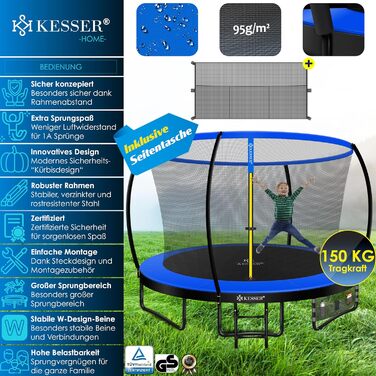Трамплін KESSER® Ø 244/305/366/427 см з сіткою | Сертифікат TÜV Rheinland GS | Для дітей до 150 кг | Садовий, дитячий | Комплект