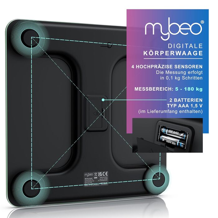 Електронні ваги MyBeo - ваги для тіла зі скла, 5-180 кг, великий LCD дисплей, kg/lb, датчики DMS, скло 6 мм, автоматичне вмикання, чорний колір