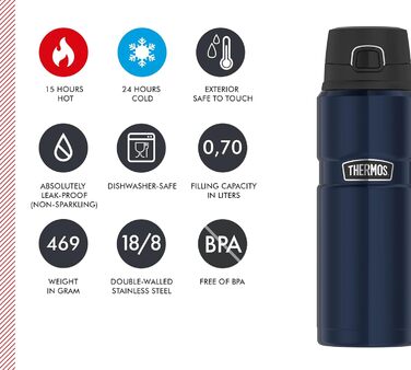 Термос Thermos Stainless King 0,7 л, нержавіюча сталь, синій, герметичний, зручна кришка, зберігає тепло 15 годин/холод 24 години, безпечний, BPA-free