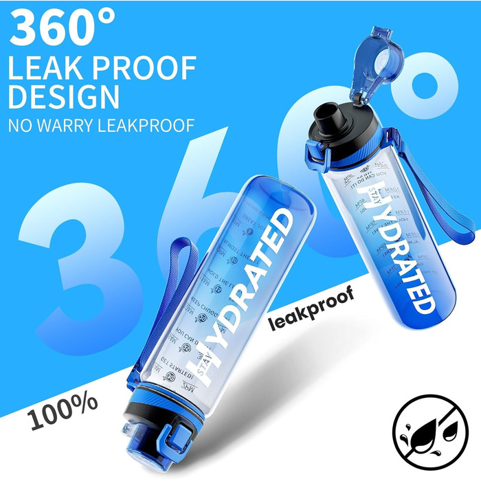 Спортивна пляшка для води 1л Tritan без BPA з маркуванням часу, 1000 мл, блакитна