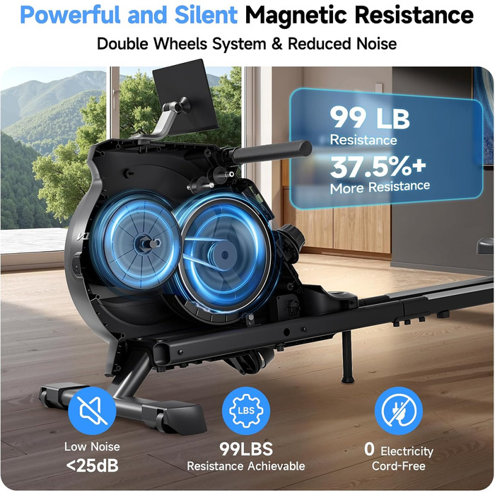 YPOO Гребний тренажер, магнітний тренажер для дому, 16 рівнів тихих налаштувань опору, подвійний направляючий рейк, максимальне навантаження 158.8 кг, сумісний з додатком