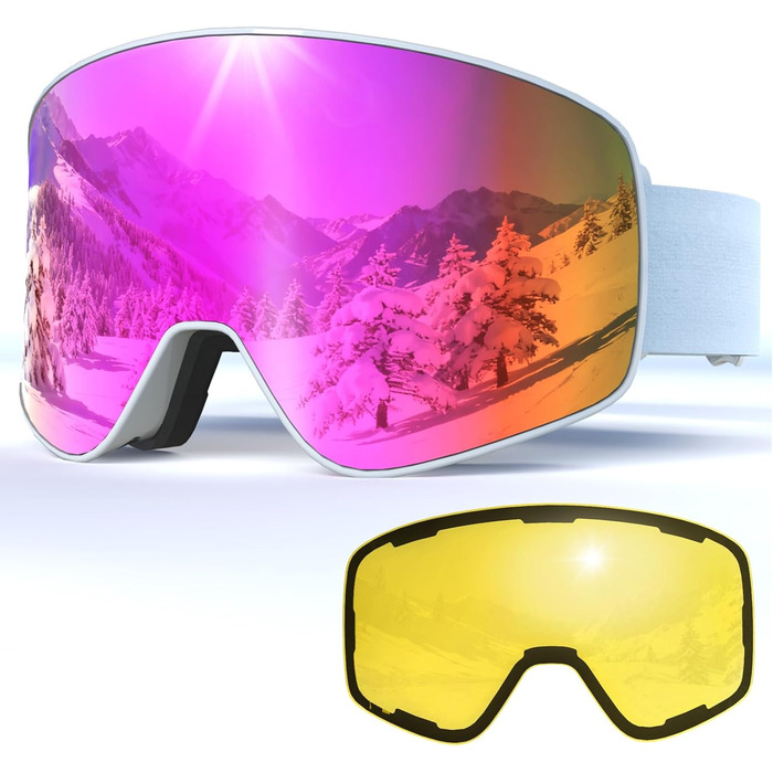 VCOROS Скі-маска з змінним склом, унісекс, захист від УФ, проти запотівання, регульований ремінь, сноуборд маска 02-Срібло/Білий + лінза (VLT13 %) 04-REVO Рожевий/Білий + лінза (VLT14 %)