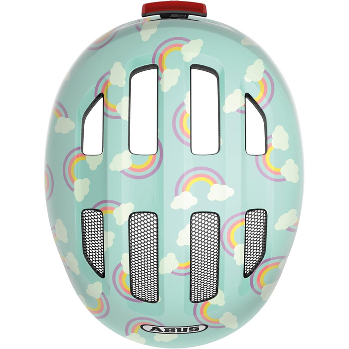 Дитячий велосипедний шолом ABUS Smiley 3.0 LED, з підсвіткою, глибока посадка, місце для хвостика, для дівчаток і хлопчиків, світло-блакитний з райдужним візерунком, розмір S