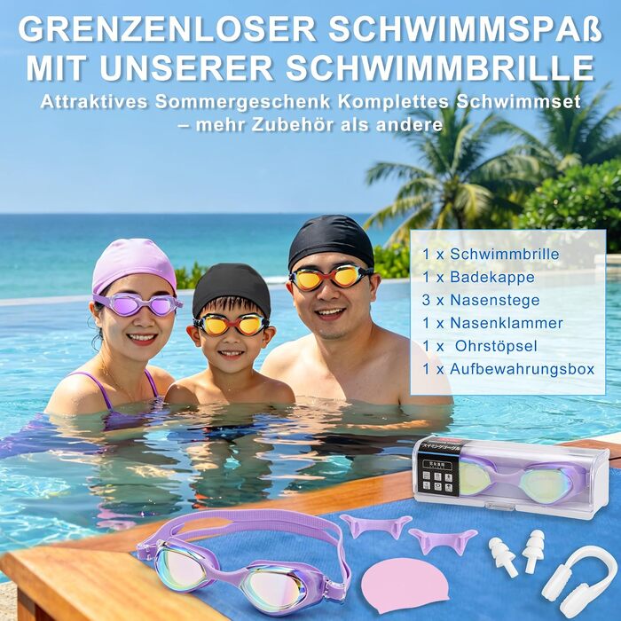 Окуляри для плавання Unisex дорослі Anti-Fog, UV-захист, герметичні, 3D-силікон, фіолетові + комплект аксесуарів (чохол, шапочка, затискач для носа, беруші)
