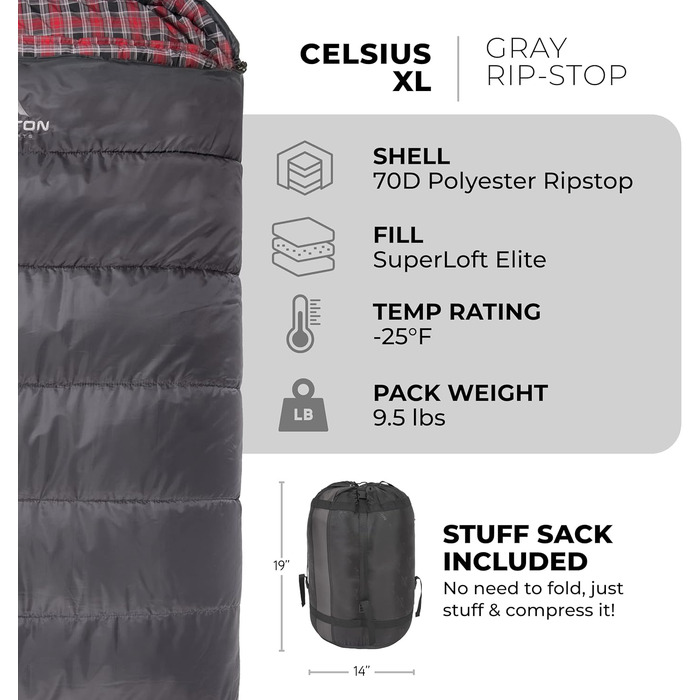 Сплячий мішок Teton Sports Celsius XL -32°C/-25°F з безкоштовним компресійним мішком, сірий (ліва блискавка)
