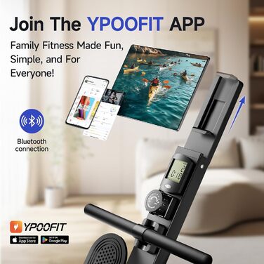 Магнітний тренажер для ходьби та греблі YPOO для дому, складаний з 16 рівнями навантаження, подвійною рейкою, LCD-дисплеєм та підтримкою додатка, чорний